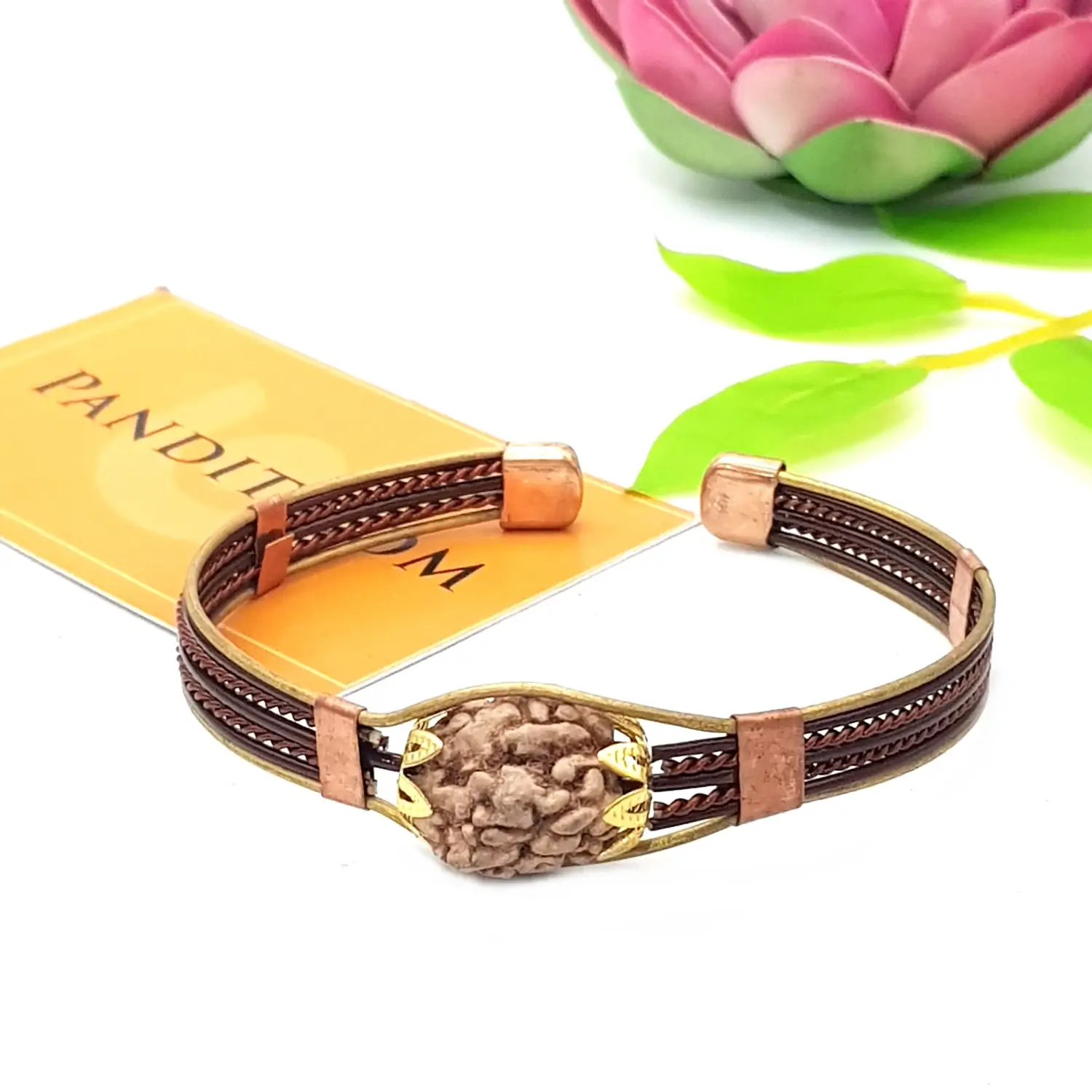 3 Mukhi Copper Rudraksha Bracelet with Brass Accents