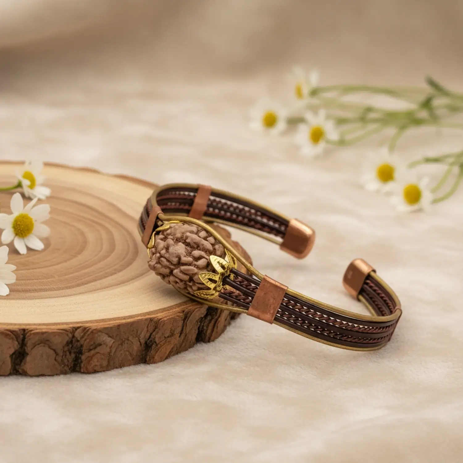 3 Mukhi Copper Rudraksha Bracelet with Brass Accents - Image 2