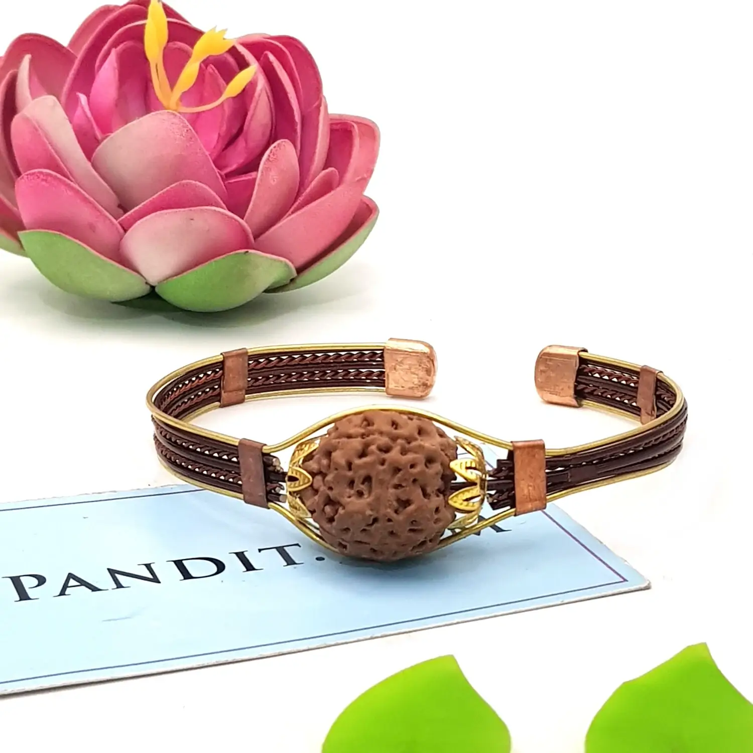 4 Mukhi Copper Rudraksha Bracelet with Brass Accents