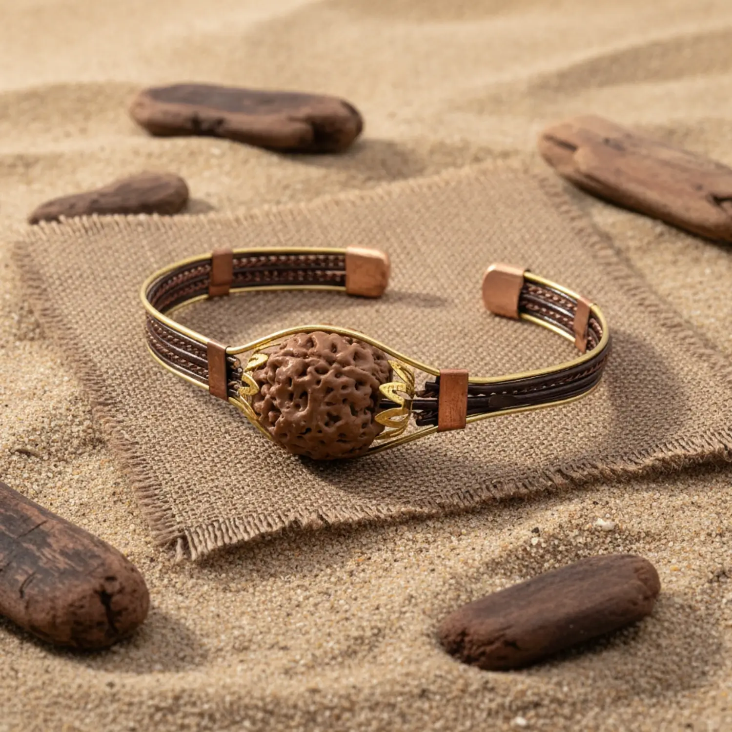 4 Mukhi Copper Rudraksha Bracelet with Brass Accents - Image 2