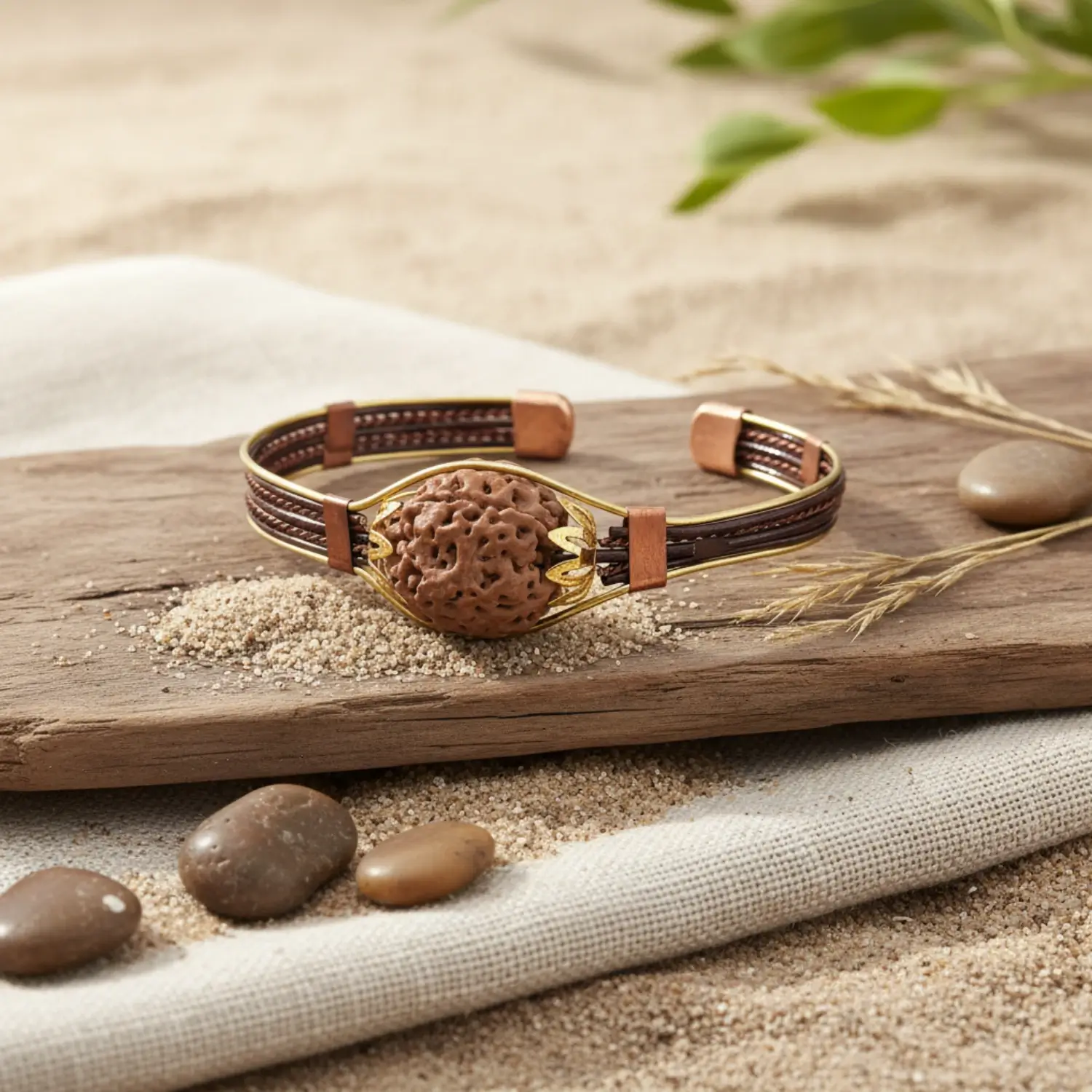 4 Mukhi Copper Rudraksha Bracelet with Brass Accents - Image 3