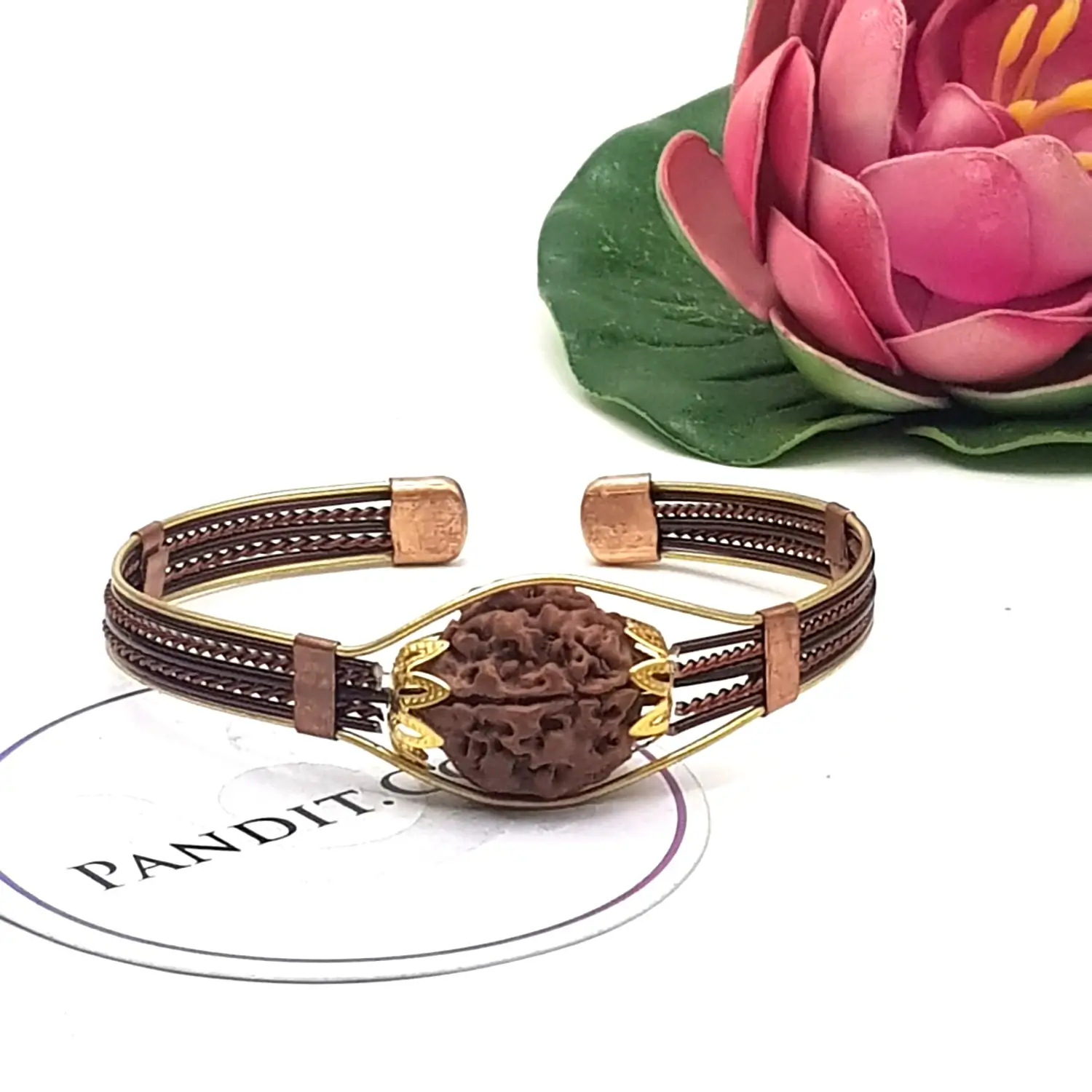 5 Mukhi Copper Rudraksha Bracelet with Brass Accents