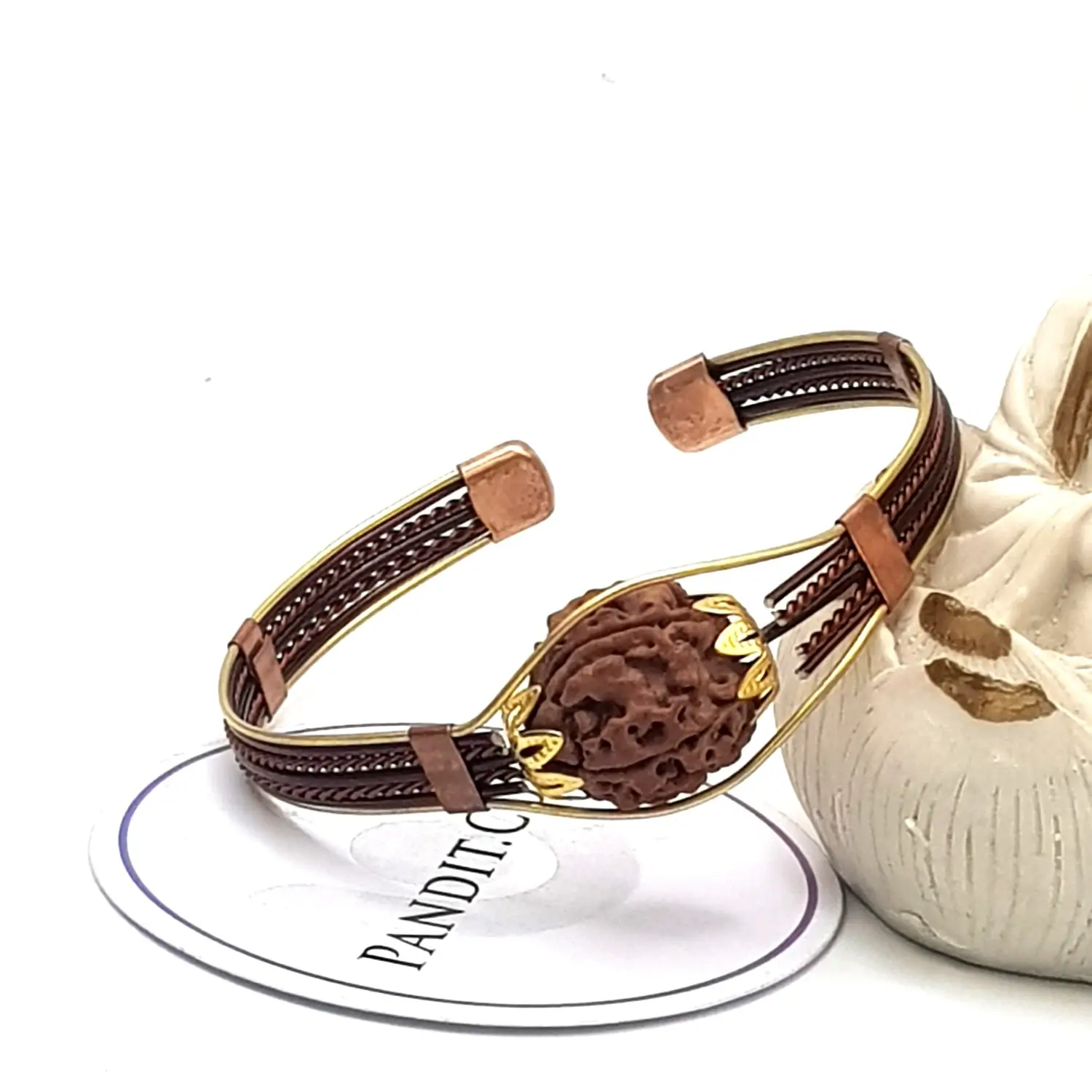 5 Mukhi Copper Rudraksha Bracelet with Brass Accents - Image 2