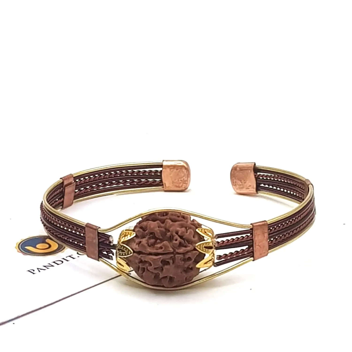 5 Mukhi Copper Rudraksha Bracelet with Brass Accents - Image 3