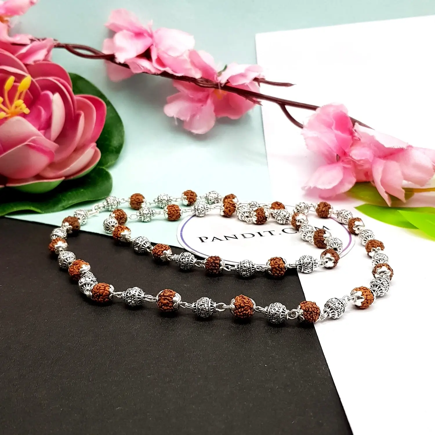 5 Mukhi Indonesian Rudraksha Mala With Silver Capping - Image 3