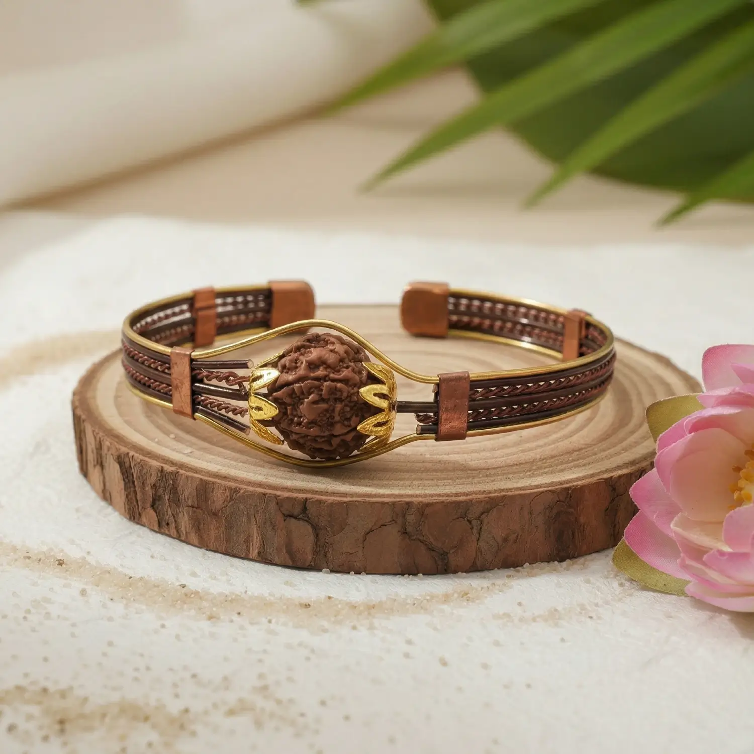 6 Mukhi Copper Rudraksha Bracelet with Brass Accents - Image 2