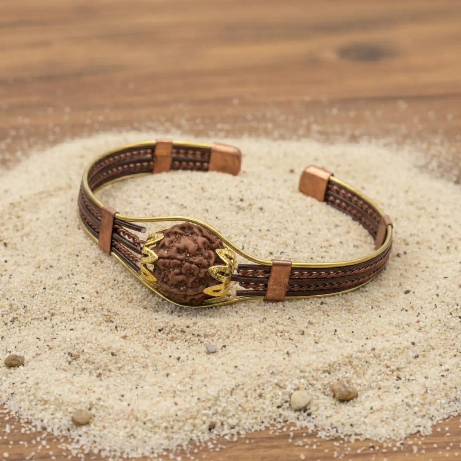 6 Mukhi Copper Rudraksha Bracelet with Brass Accents - Image 3