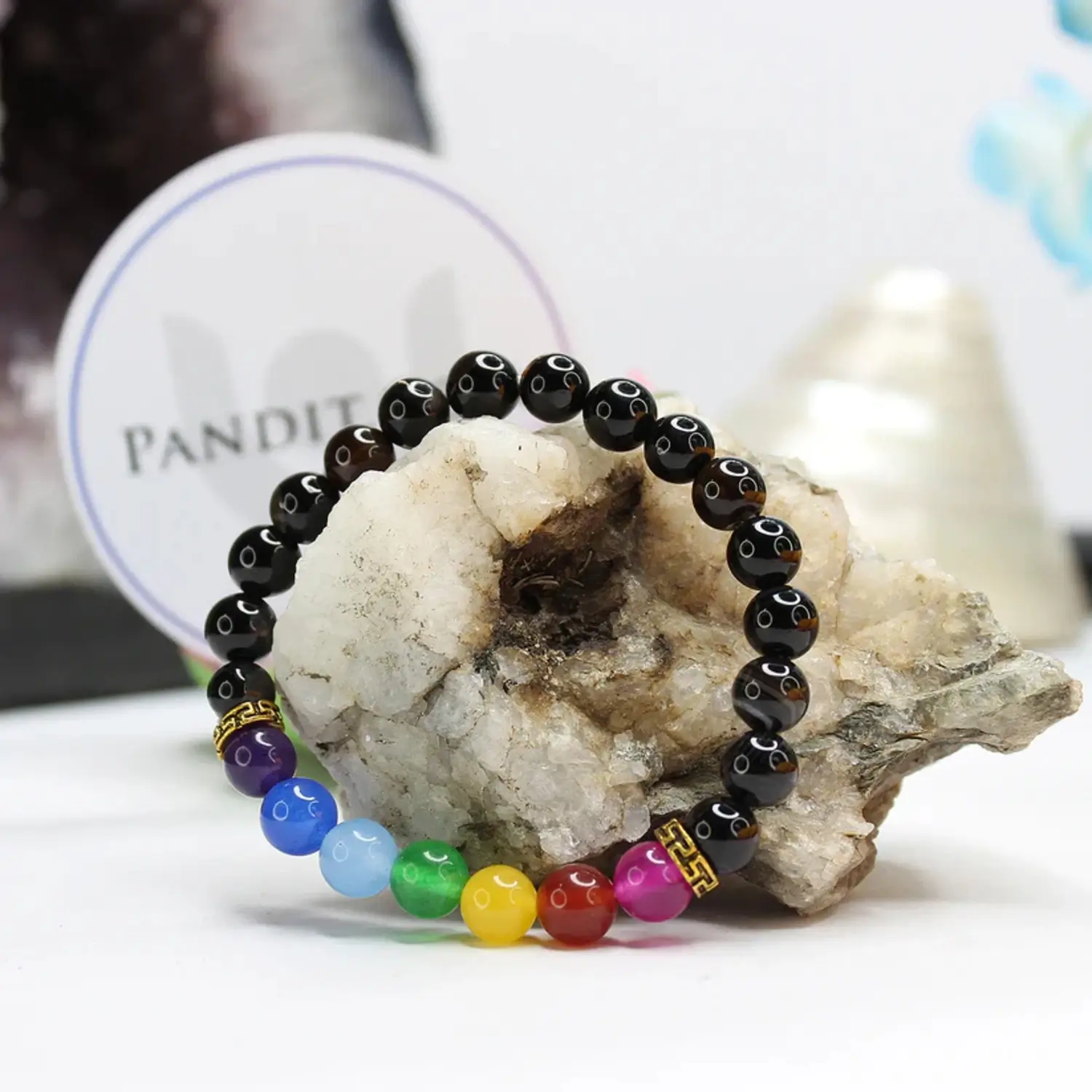 Black Banded Agate Onyx 7 Chakra Bracelet - For Fame & Recognition