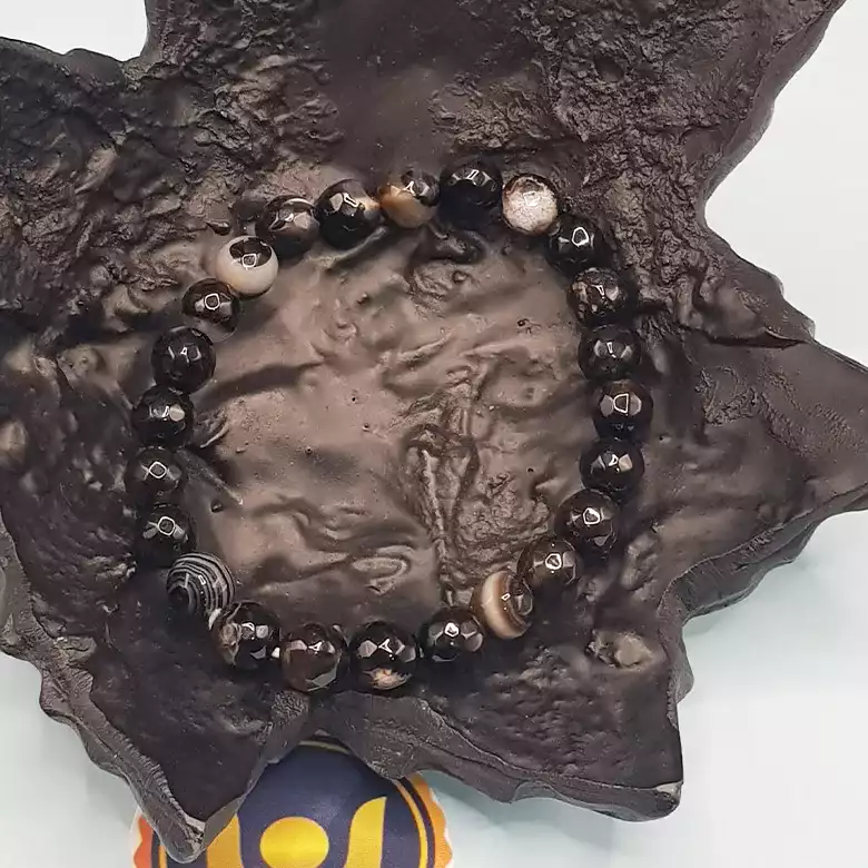 Black Banded Agate Onyx Diamond Cut Bracelet - To Sharpen Brain - Image 5