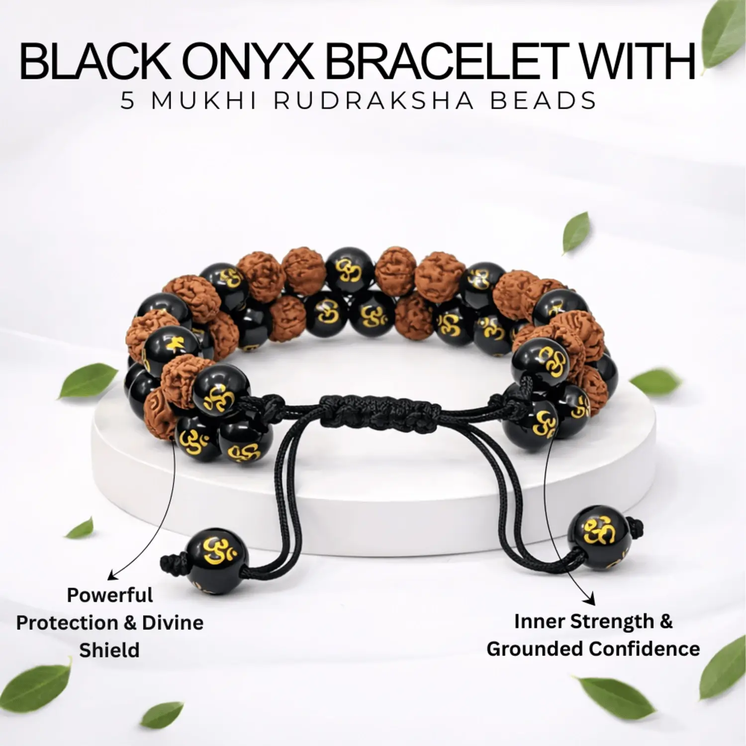 Black Onyx Om Bracelet With 5 Mukhi Rudraksha Beads - Image 2