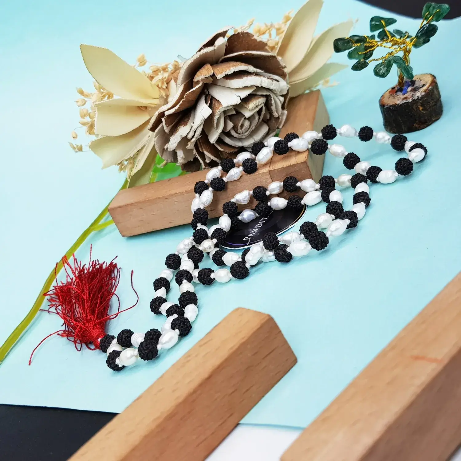 Black Rudraksha Mala with White Pearl Beads - To Gain Siddhis - Image 2