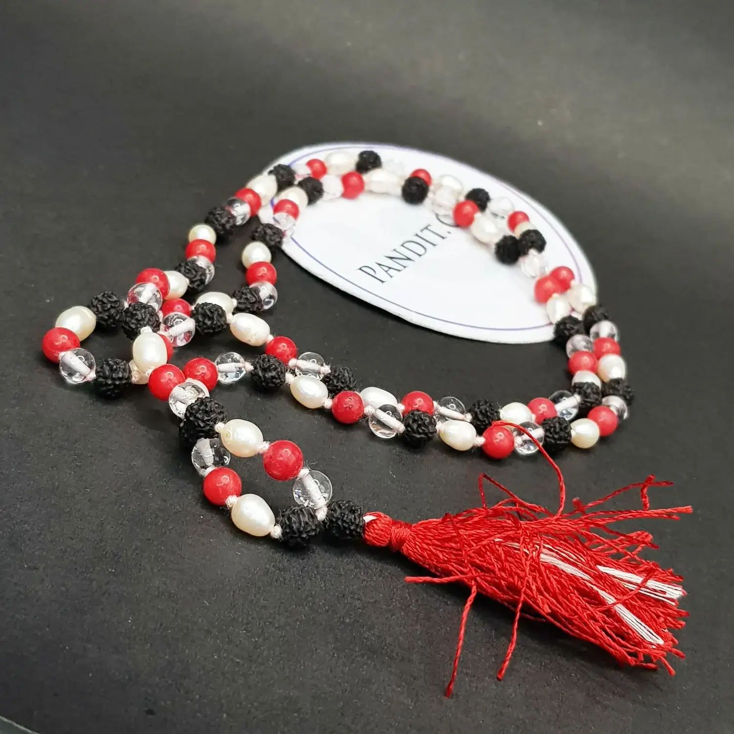 Black Rudraksha Sphatik Mala with Moonga and White Pearl Beads - Image 3
