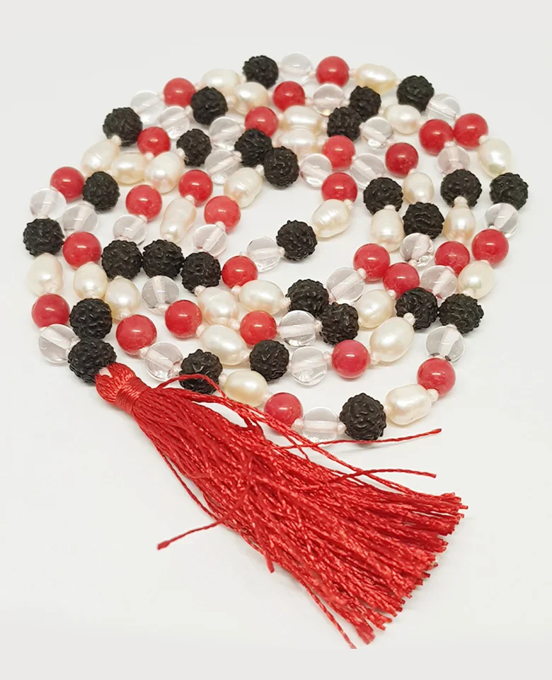Black Rudraksha Sphatik Mala with Moonga and White Pearl Beads - Image 4