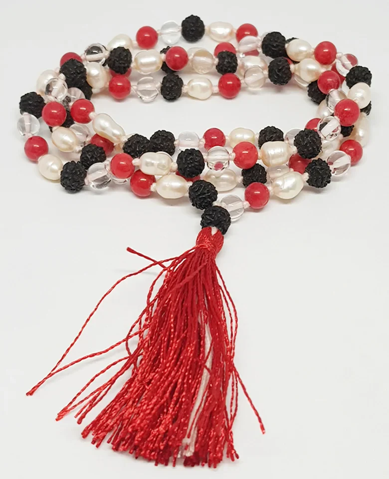 Black Rudraksha Sphatik Mala with Moonga and White Pearl Beads - Image 5