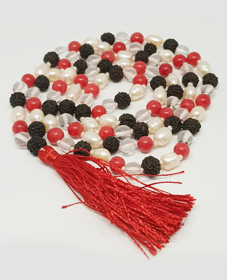 Black Rudraksha Sphatik Mala with Moonga and White Pearl Beads - Image 6