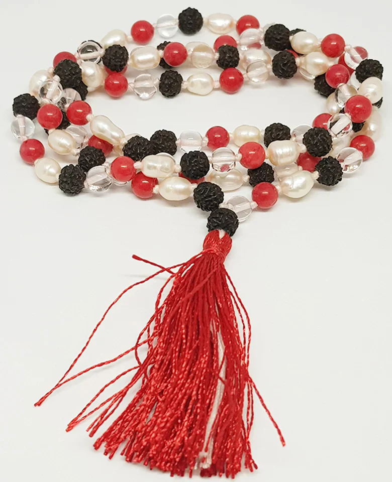 Black Rudraksha Sphatik Mala with Moonga and White Pearl Beads - Image 7