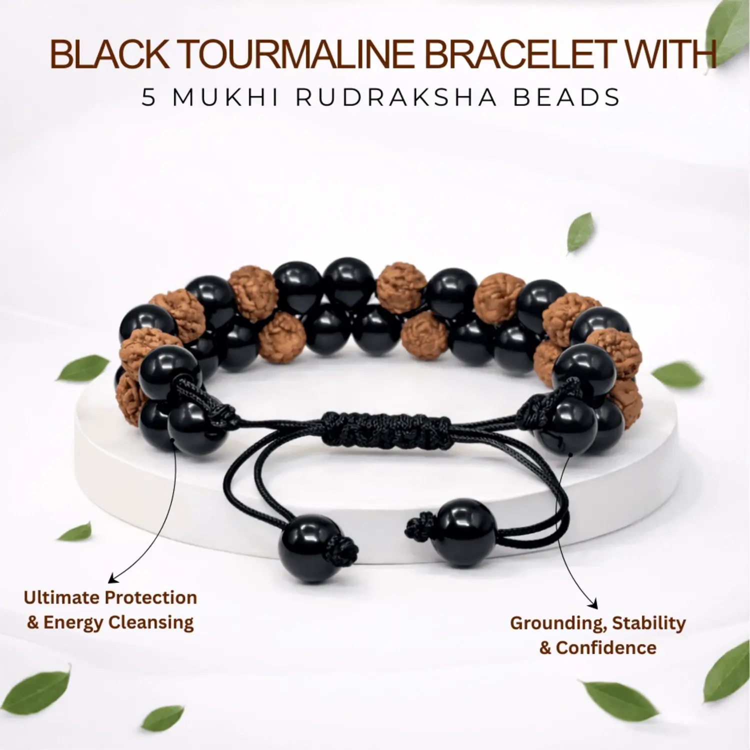Black Tourmaline Bracelet With 5 Mukhi Rudraksha Beads - Image 2
