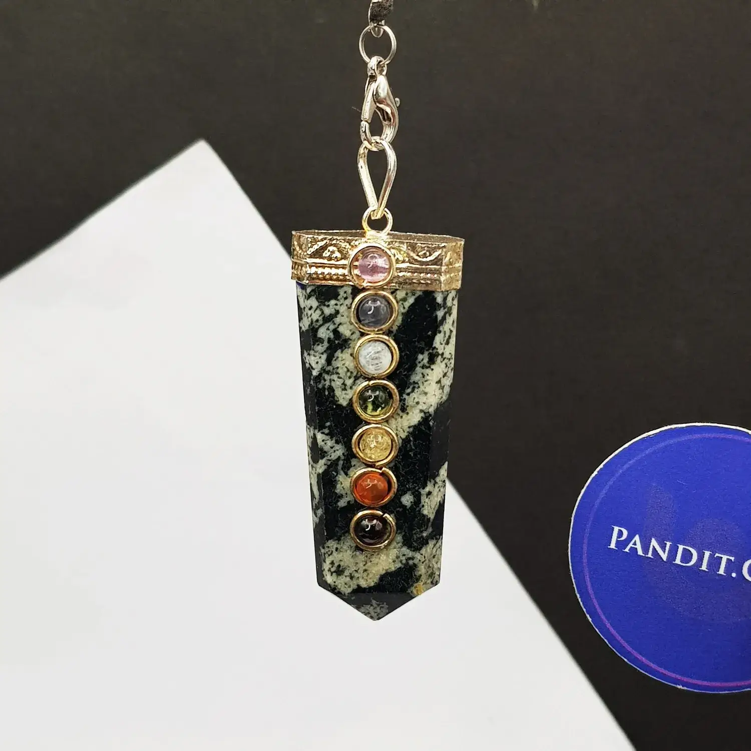 Black White Tourmaline 7 Chakra Pencil Pendant - Image 3