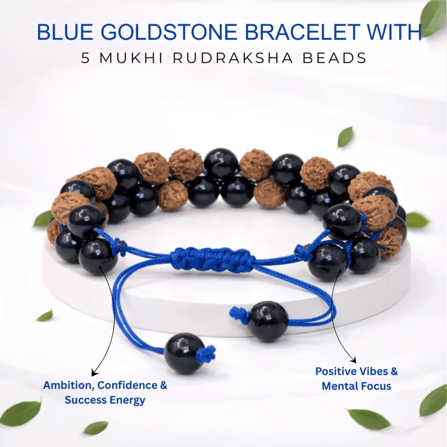 Blue Goldstone Bracelet With 5 Mukhi Rudraksha Beads - Image 2
