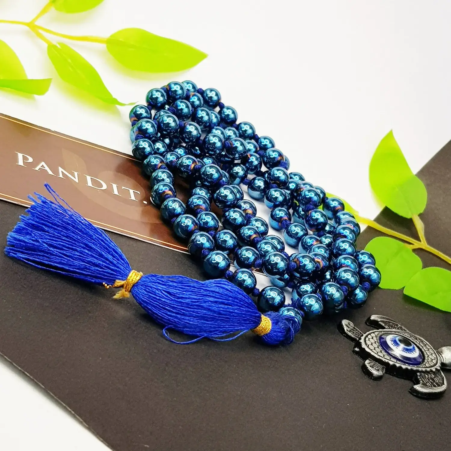 Blue Peacock Hematite Mala - To Attract & Balance Energy - Image 2