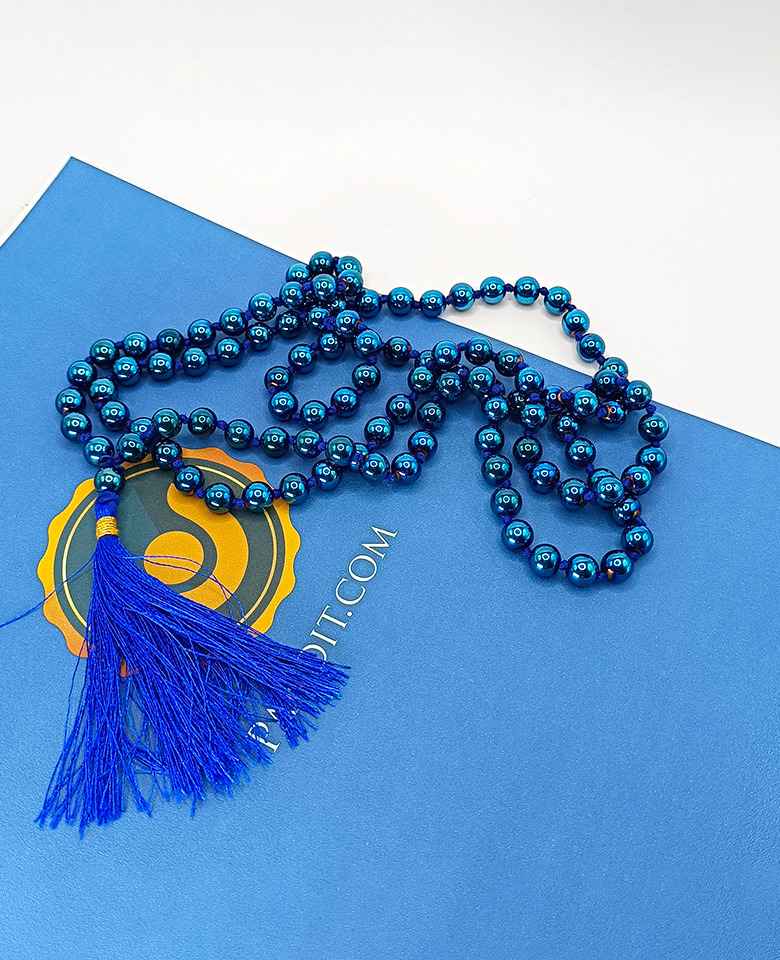 Blue Peacock Hematite Mala - To Attract & Balance Energy - Image 5
