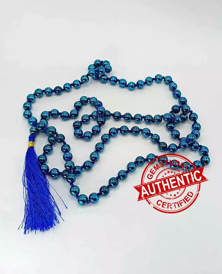 Blue Peacock Hematite Mala - To Attract & Balance Energy - Image 7