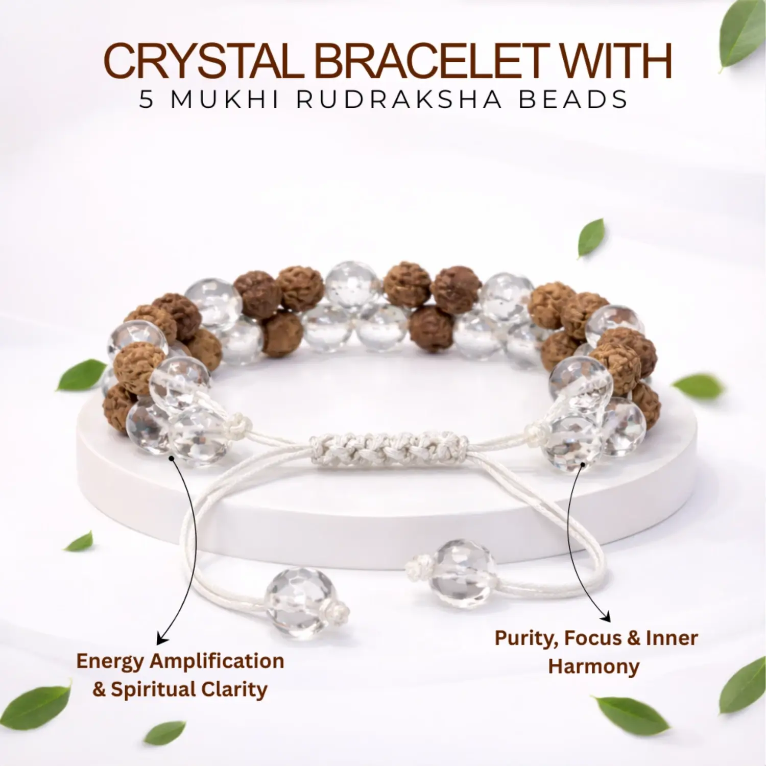 Crystal / Sphatik Diamond Cut Bracelet With 5 Mukhi Rudraksha Beads - Image 2