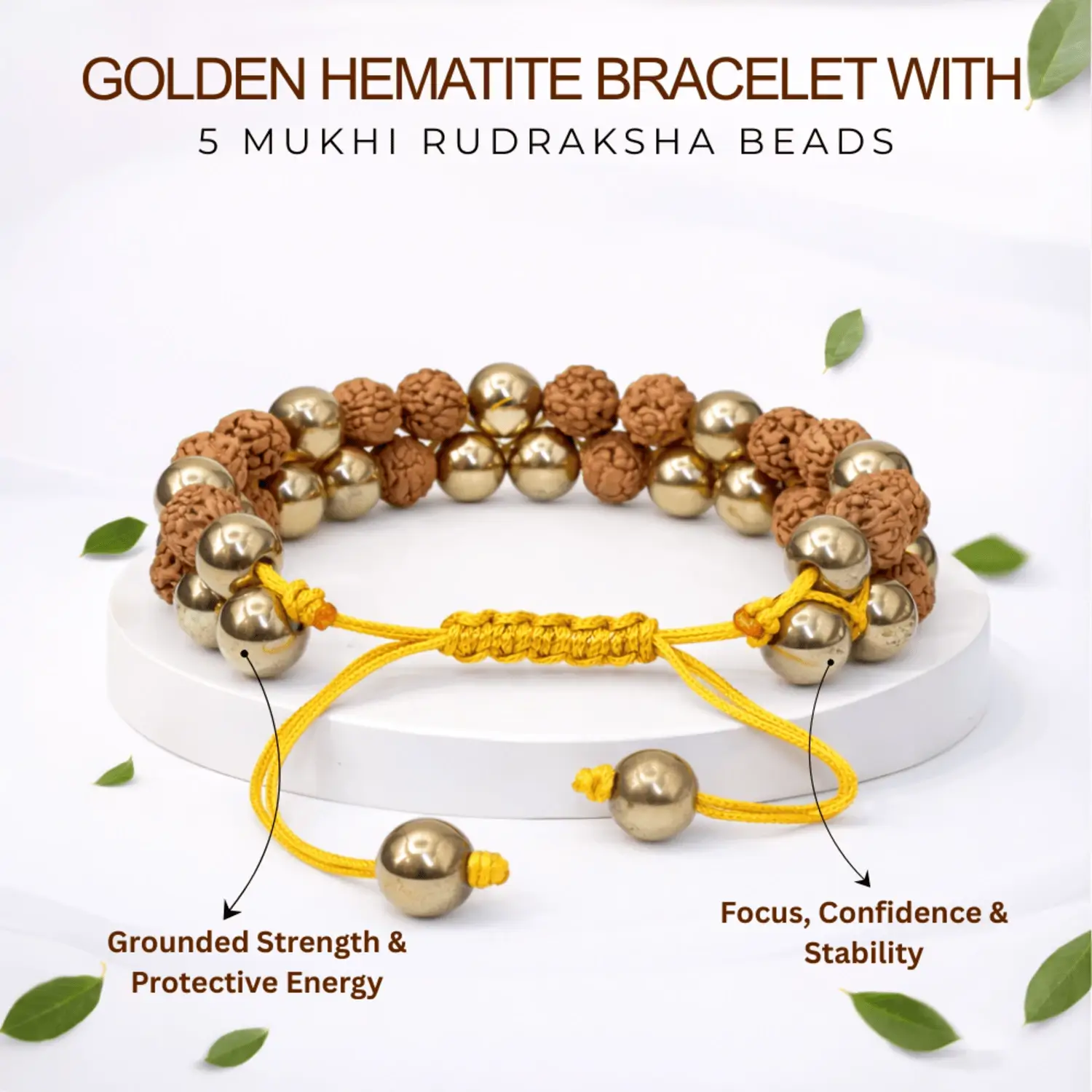 Golden Hematite Bracelet With 5 Mukhi Rudraksha Beads - Image 2