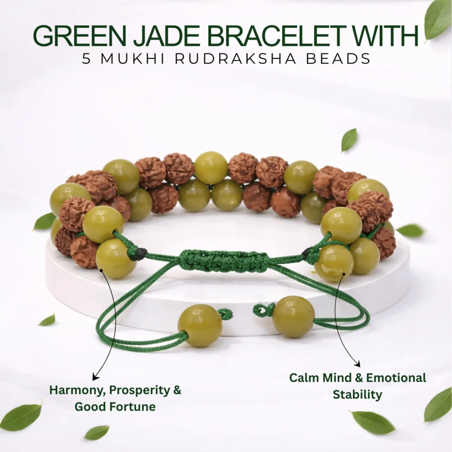 Green Jade Bracelet With 5 Mukhi Rudraksha Beads - Image 2