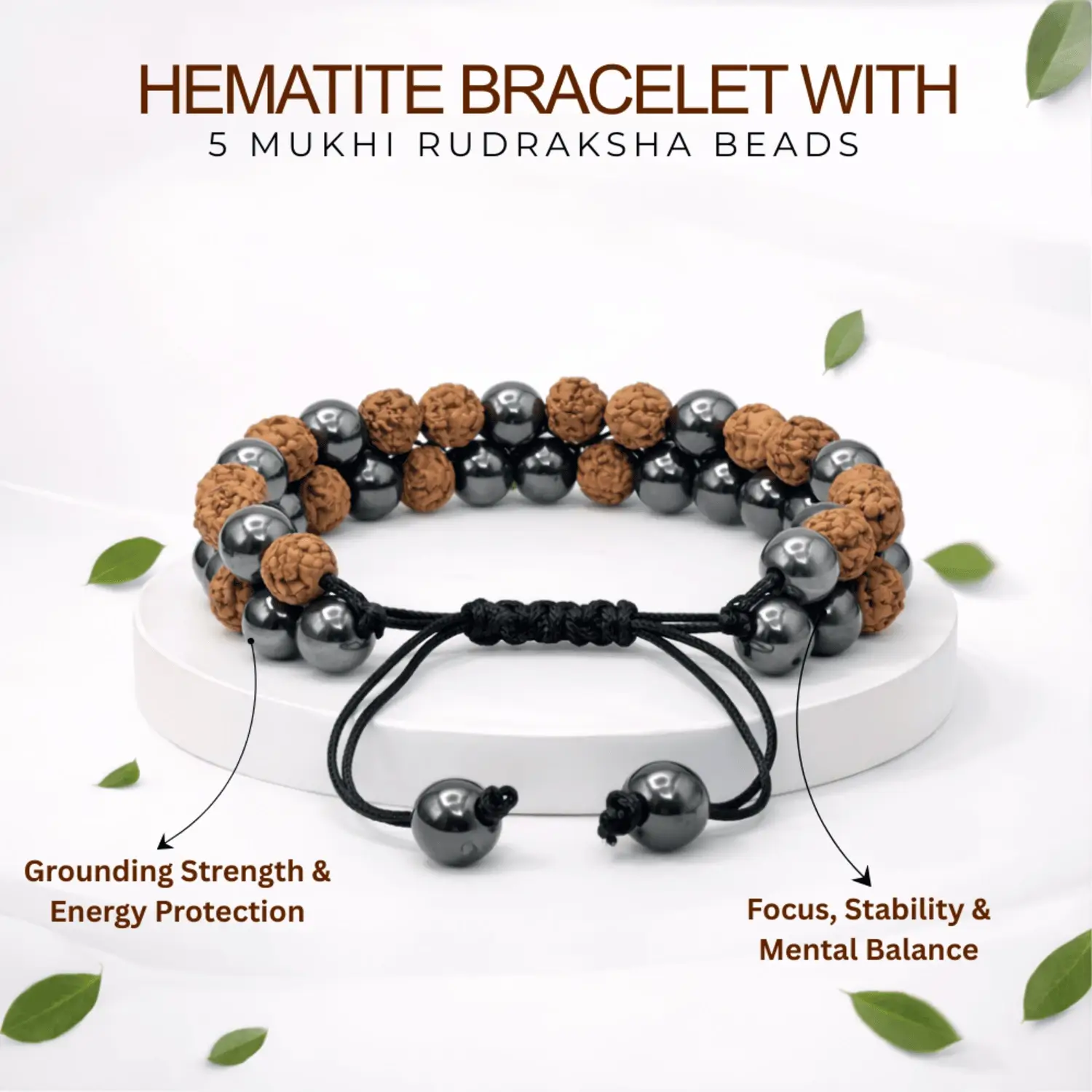 Hematite Bracelet With 5 Mukhi Rudraksha Beads - Image 2