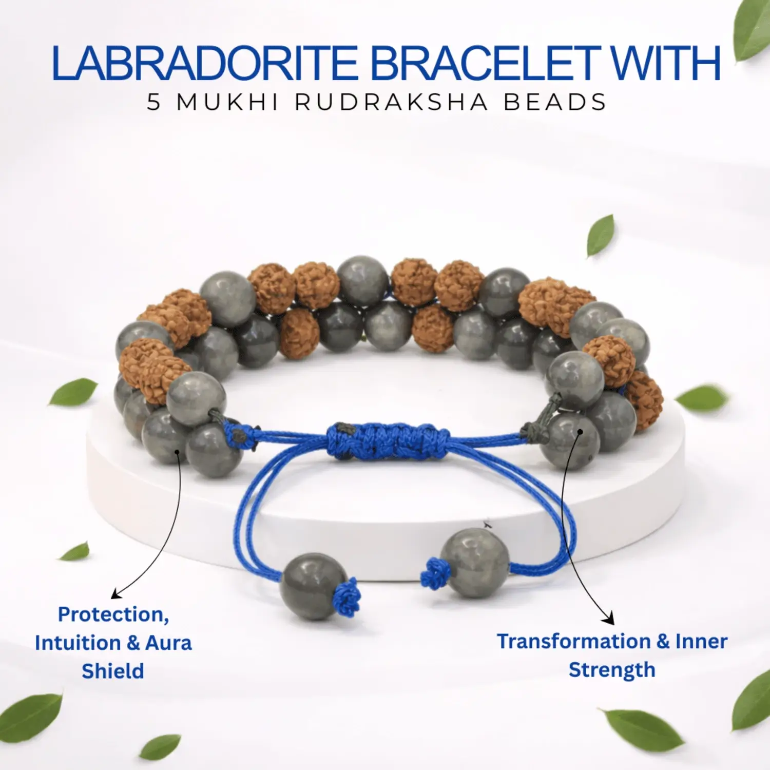 Labradorite Bracelet With 5 Mukhi Rudraksha Beads - Image 2