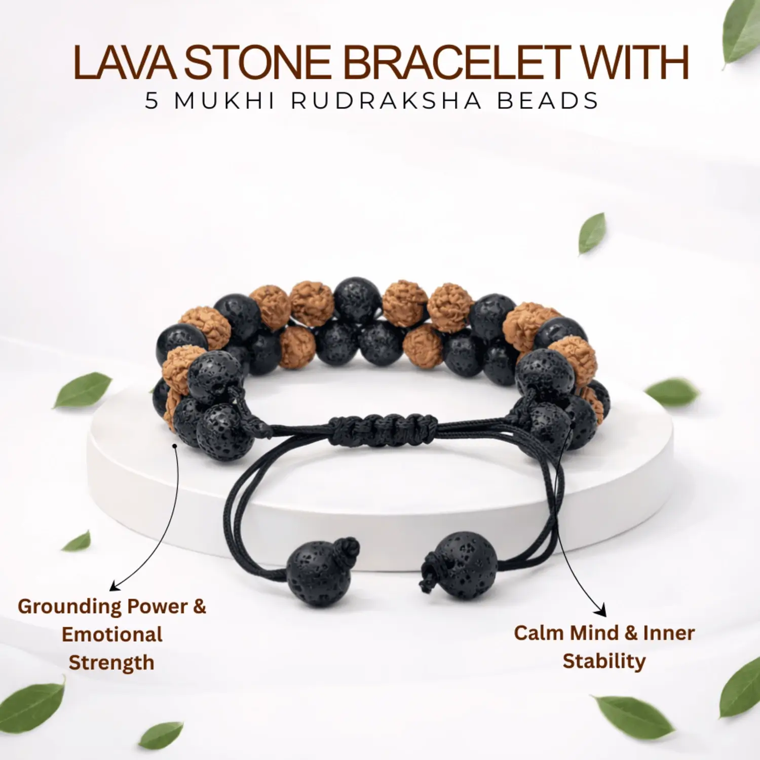 Lava Stone Bracelet With 5 Mukhi Rudraksha Beads - Image 2
