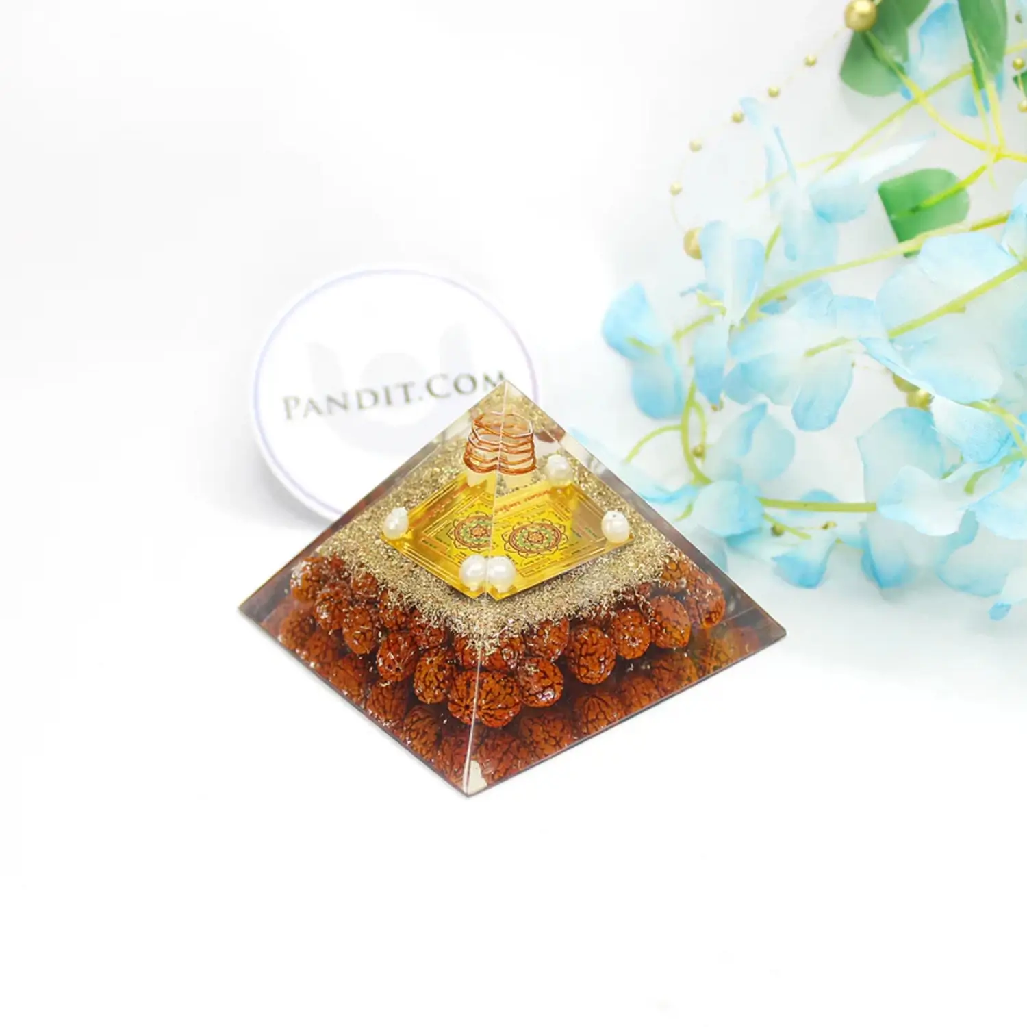 Mahamrityunjaya Pyramid Yantra with 5 Mukhi Rudraksha Beads