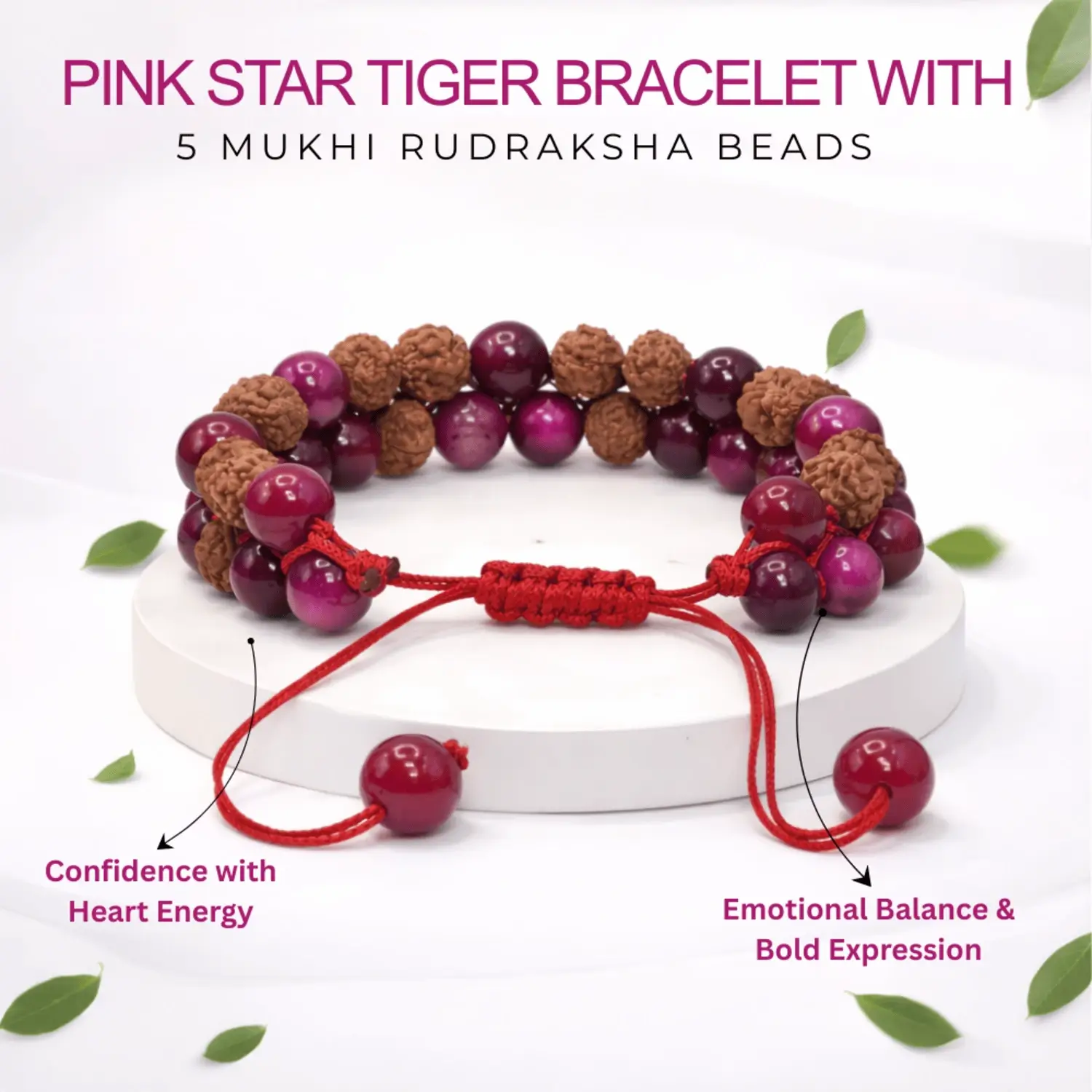 Pink Star Tiger Bracelet With 5 Mukhi Rudraksha Beads - Image 2