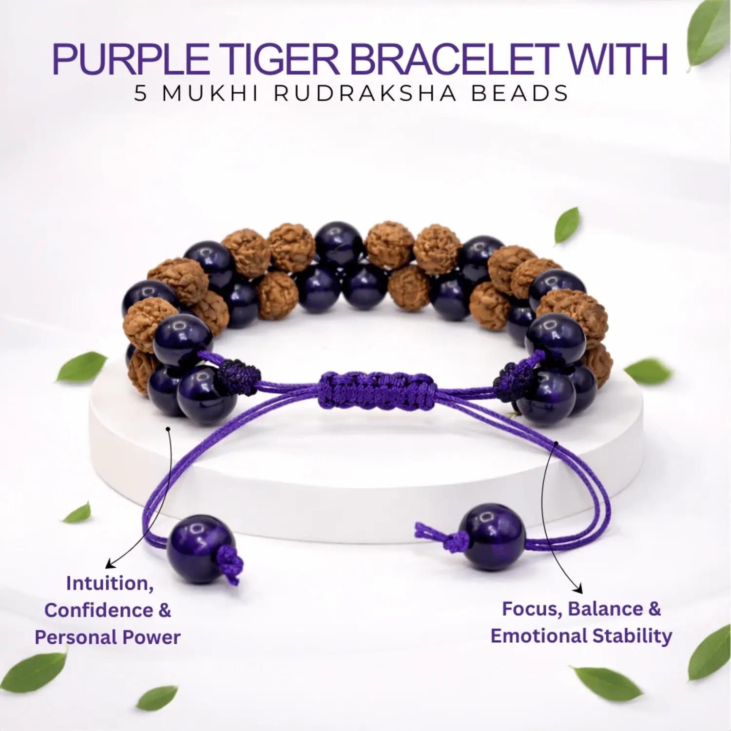 Purple Tiger Bracelet With 5 Mukhi Rudraksha Beads - Image 2