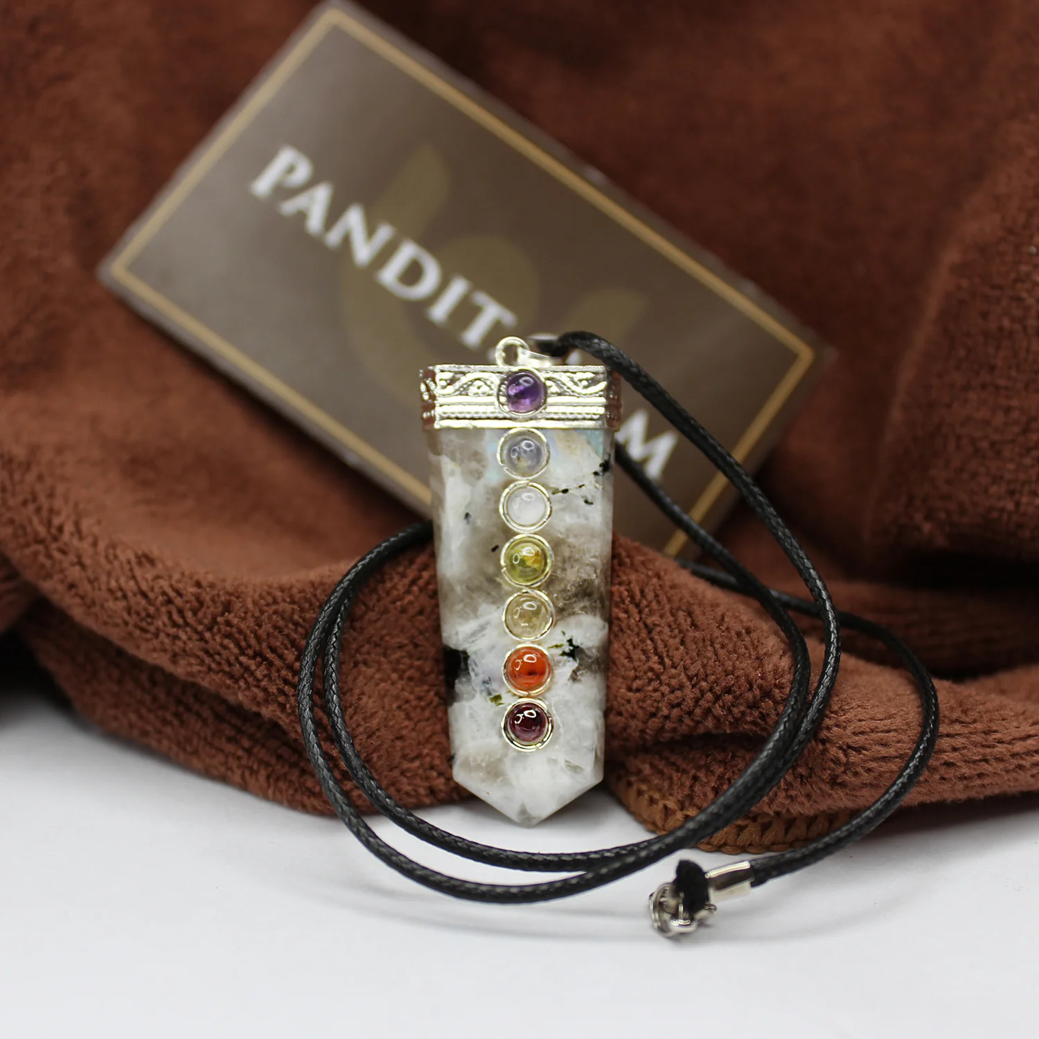 Rainbow Moonstone 7 Chakra Pencil Pendant - Image 4