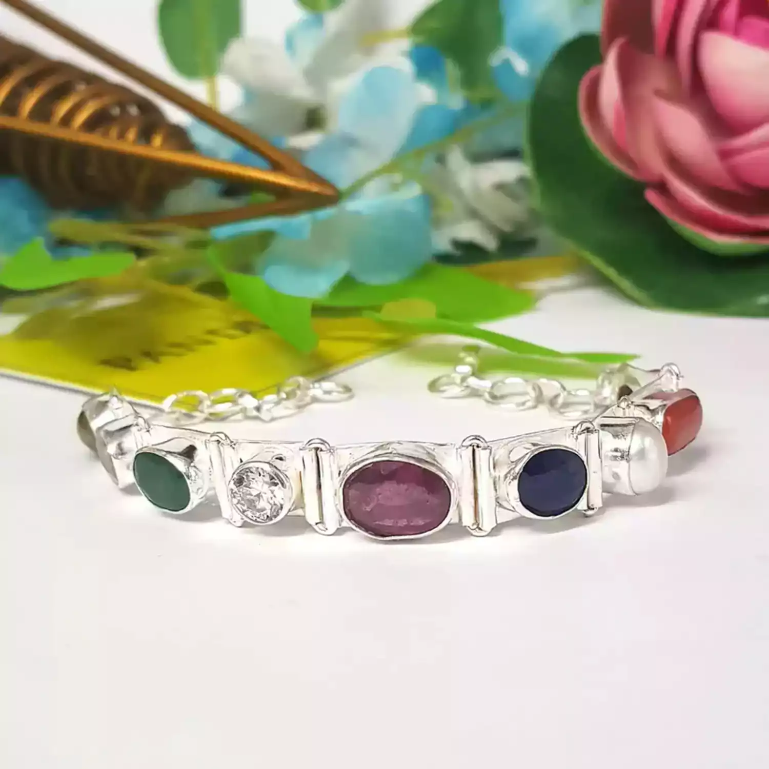 Real Navratna Gemstones Bracelet in Silver - For Soul Cleansing - Image 2