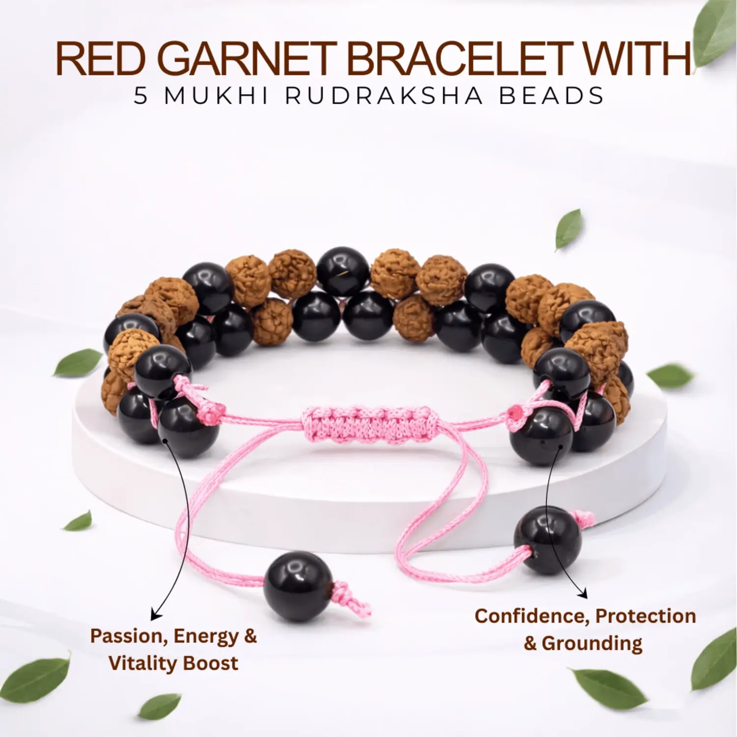 Red Garnet Bracelet With 5 Mukhi Rudraksha Beads - Image 2