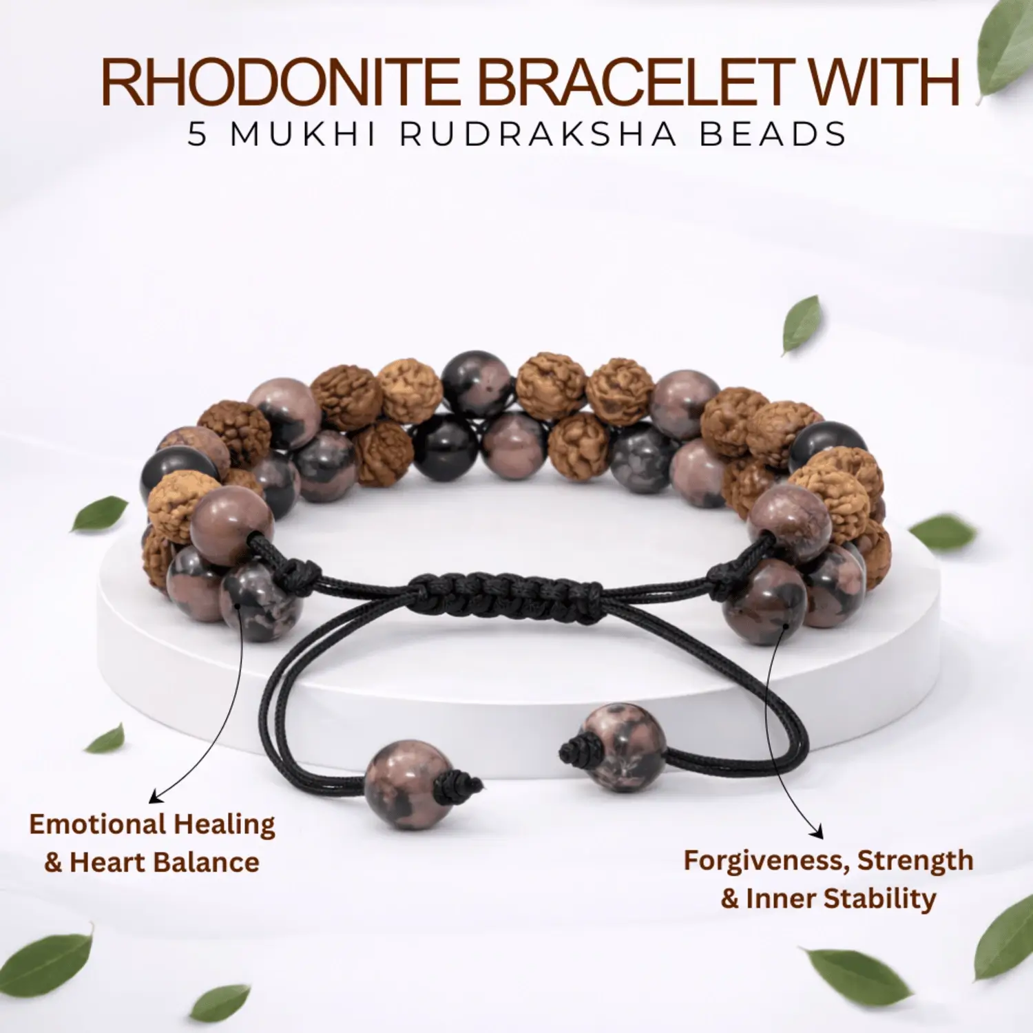 Rhodonite Crystal Bracelet With 5 Mukhi Rudraksha Beads - Image 2