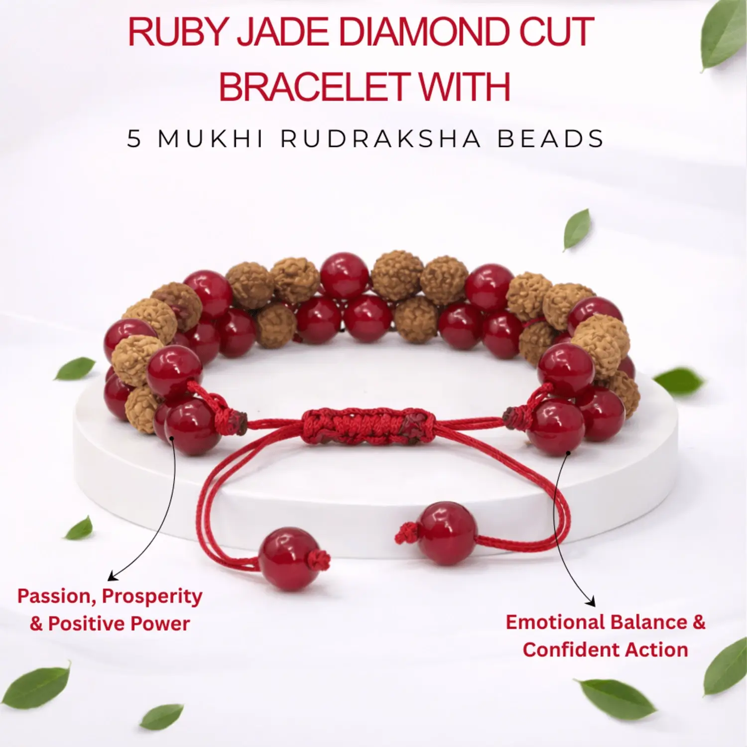 Ruby Jade Diamond Cut Bracelet With 5 Mukhi Rudraksha Beads - Image 2