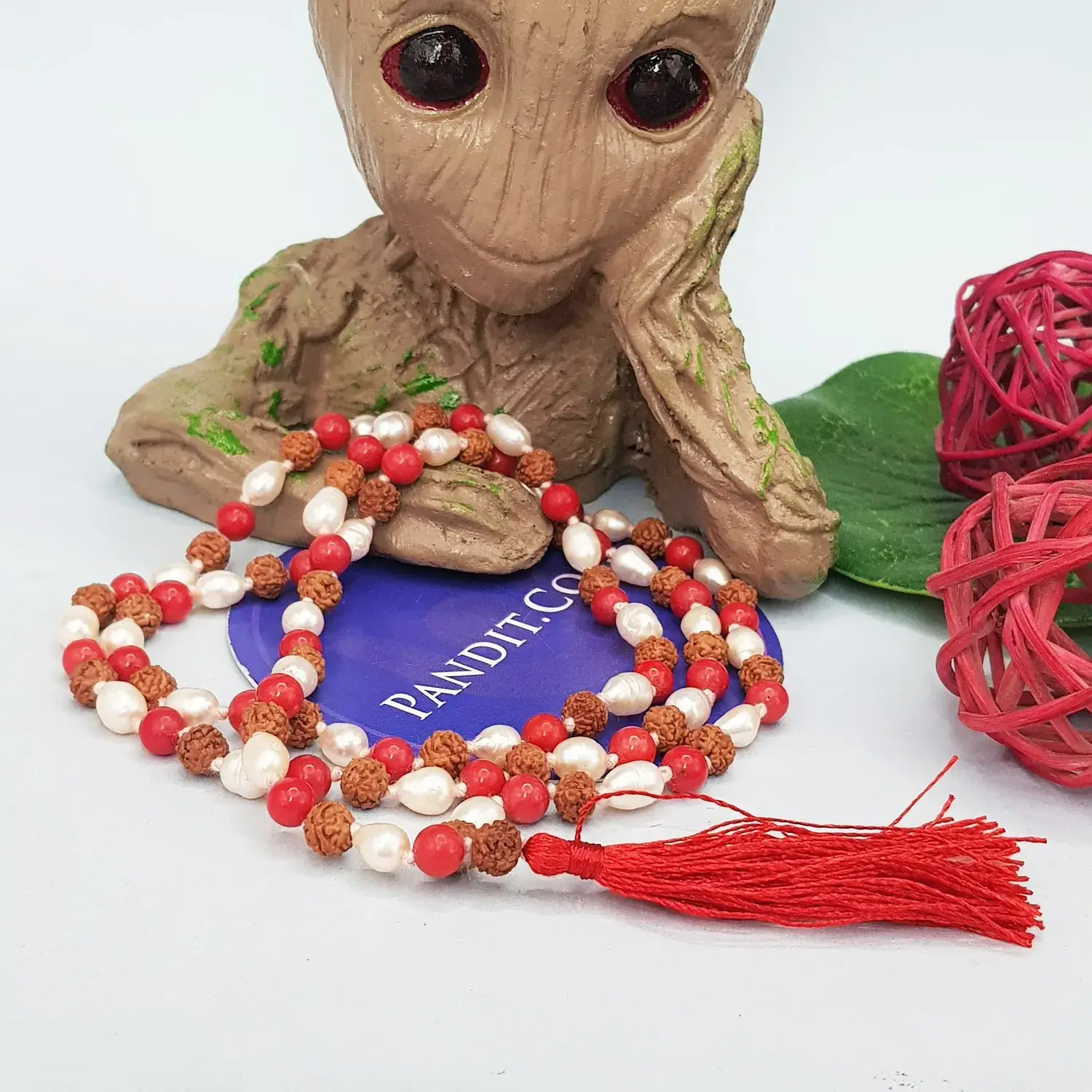 Rudraksha Mala with Moonga & White Pearl Beads - To Charm Luck