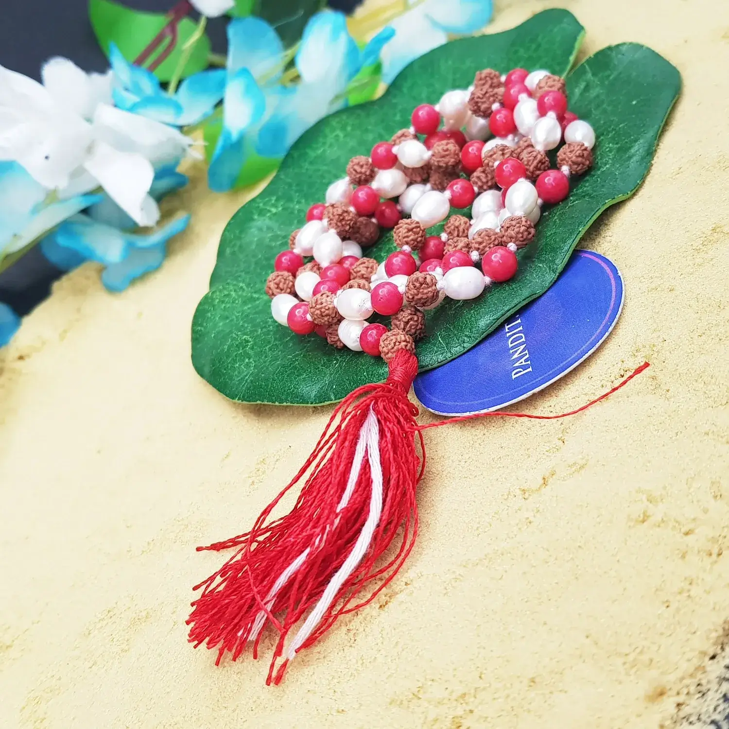 Rudraksha Mala with Moonga & White Pearl Beads - To Charm Luck - Image 2