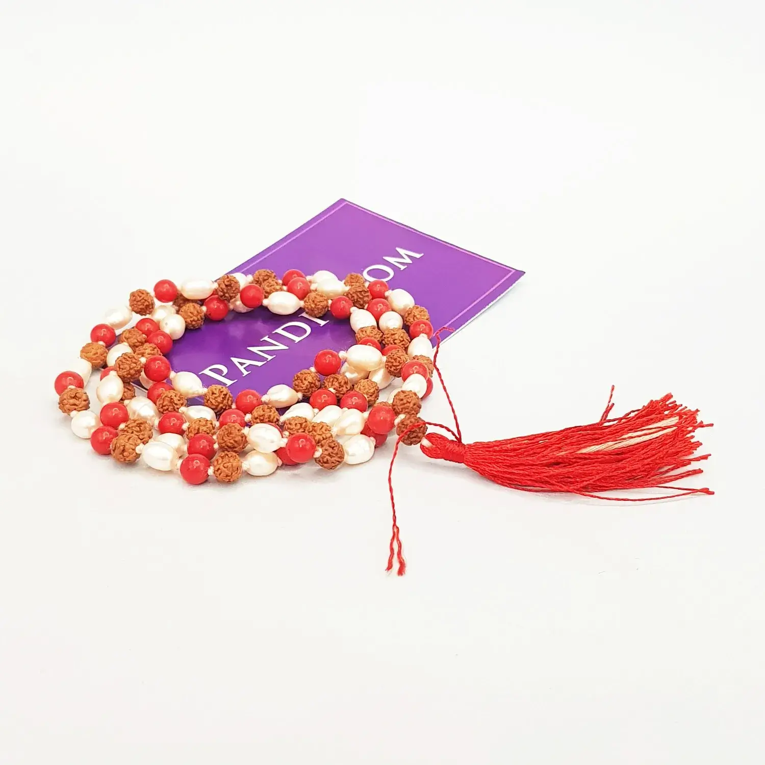 Rudraksha Mala with Moonga & White Pearl Beads - To Charm Luck - Image 3