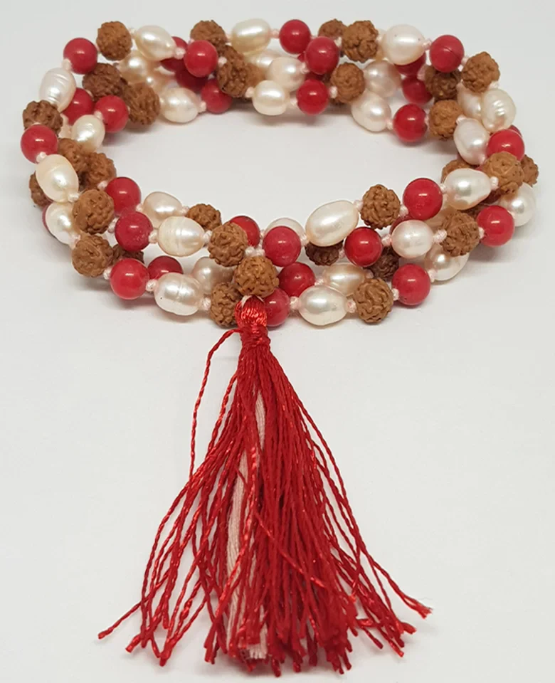 Rudraksha Mala with Moonga & White Pearl Beads - To Charm Luck - Image 4