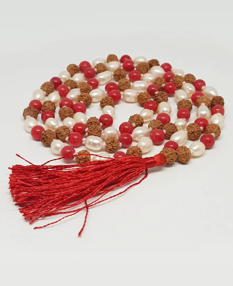 Rudraksha Mala with Moonga & White Pearl Beads - To Charm Luck - Image 5
