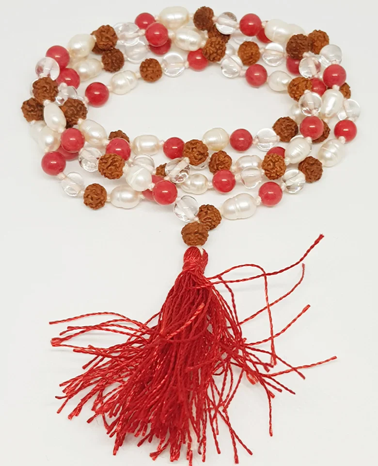 Rudraksha Sphatik Mala with Moonga and White Pearl Beads - Image 2