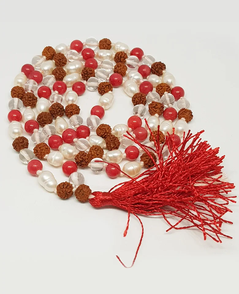 Rudraksha Sphatik Mala with Moonga and White Pearl Beads - Image 3