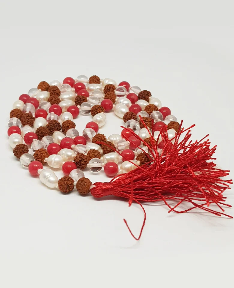 Rudraksha Sphatik Mala with Moonga and White Pearl Beads - Image 4
