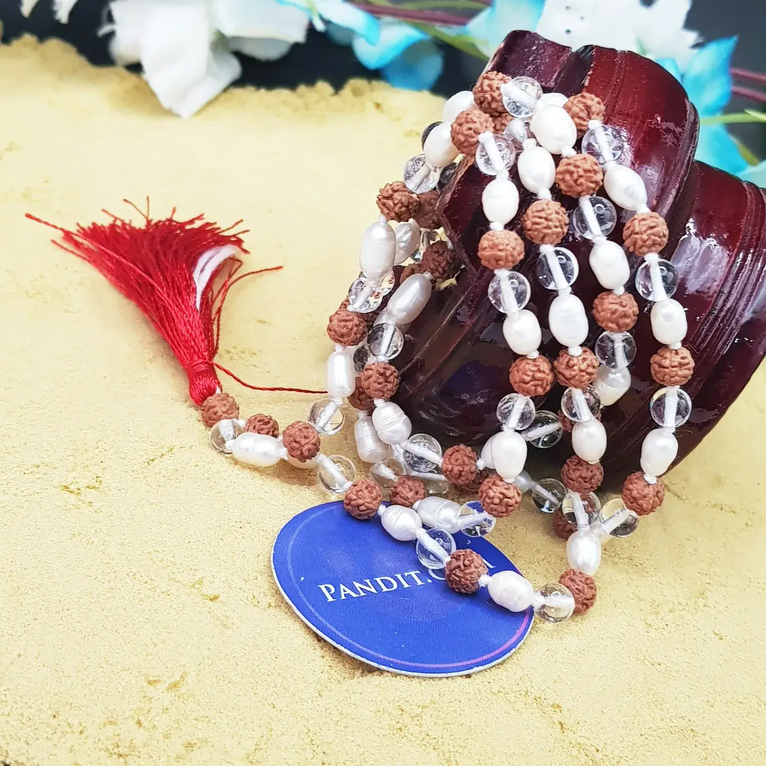 Rudraksha Sphatik Mala with White Pearl Beads - For Luck