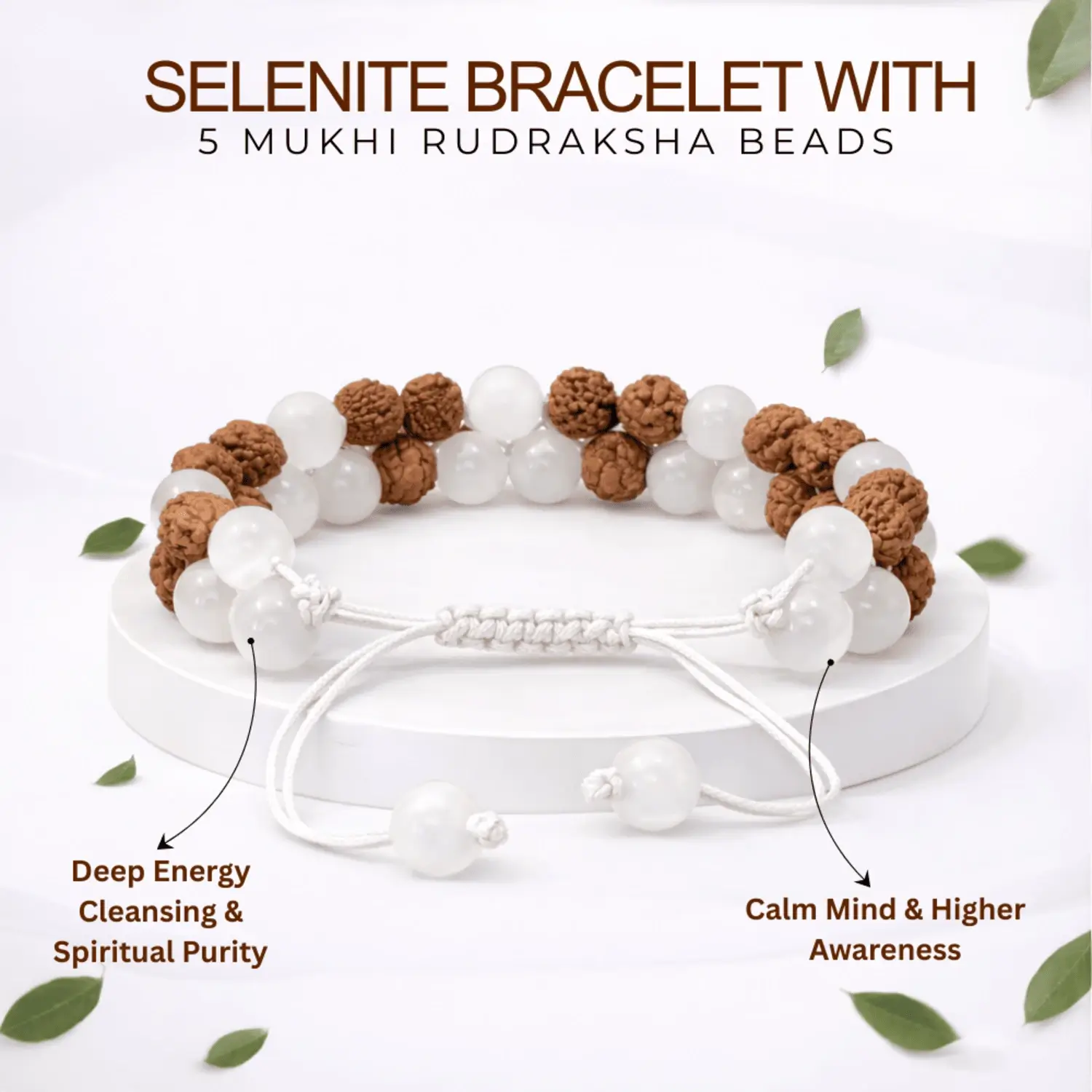 Selenite Bracelet With 5 Mukhi Rudraksha Beads - Image 2